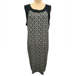 J. Jill Sheath Dress Knee Length Black White & Yellow Pattern Round Neck Large.